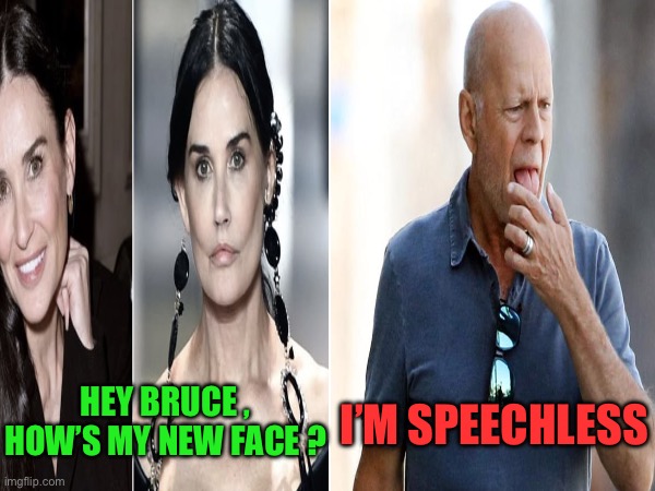 Silence speaks volumes | HEY BRUCE , HOW’S MY NEW FACE ? I’M SPEECHLESS | image tagged in bruce willis,plastic surgery | made w/ Imgflip meme maker