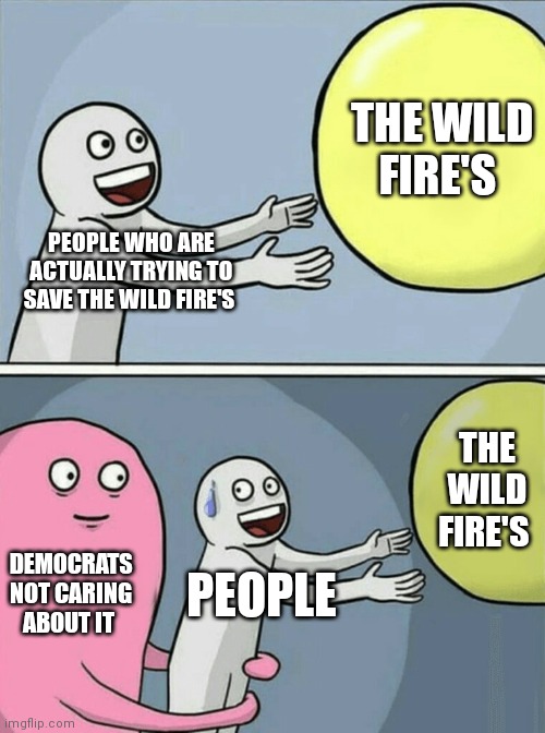 The Democrats just don't care about it | THE WILD FIRE'S; PEOPLE WHO ARE ACTUALLY TRYING TO SAVE THE WILD FIRE'S; THE WILD FIRE'S; DEMOCRATS NOT CARING ABOUT IT; PEOPLE | image tagged in memes,running away balloon,democrats don't care,political meme,politics | made w/ Imgflip meme maker