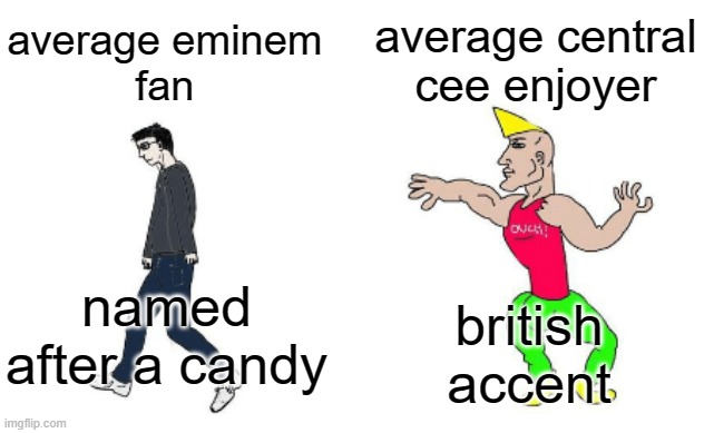 Cench vs Eminem | average central
cee enjoyer; average eminem
fan; named after a candy; british
accent | image tagged in virgin vs chad | made w/ Imgflip meme maker