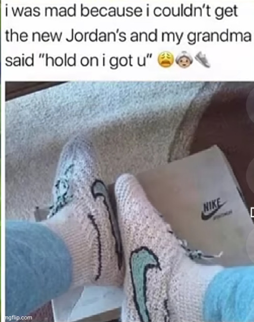 these Jordans gonna give you wings | image tagged in jordans,nike,grandma,funny,knitting,wholesome | made w/ Imgflip meme maker