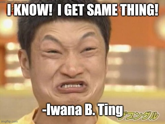Chinese | I KNOW!  I GET SAME THING! -Iwana B. Ting | image tagged in chinese | made w/ Imgflip meme maker