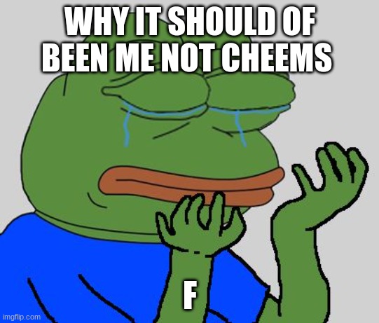 WHY IT SHOULD OF BEEN ME NOT CHEEMS F | image tagged in pepe cry | made w/ Imgflip meme maker