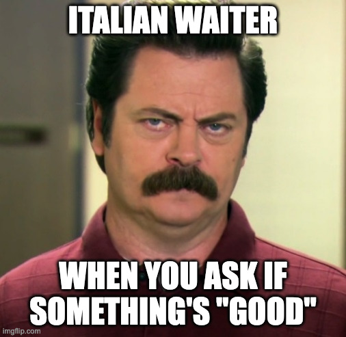 Italian Waiter | ITALIAN WAITER; WHEN YOU ASK IF SOMETHING'S "GOOD" | image tagged in ron swanson | made w/ Imgflip meme maker