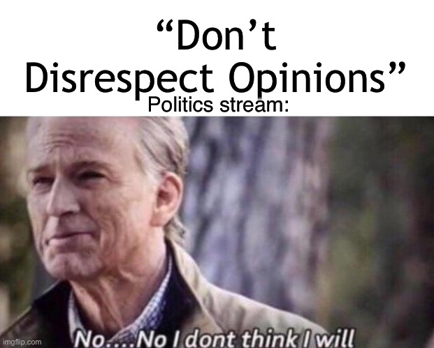 no i don't think i will | “Don’t Disrespect Opinions”; Politics stream: | image tagged in no i don't think i will,politics,image tags | made w/ Imgflip meme maker