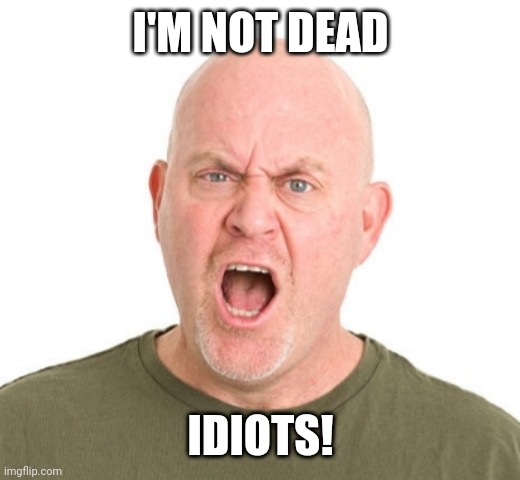Angry bald man | I'M NOT DEAD IDIOTS! | image tagged in angry bald man | made w/ Imgflip meme maker