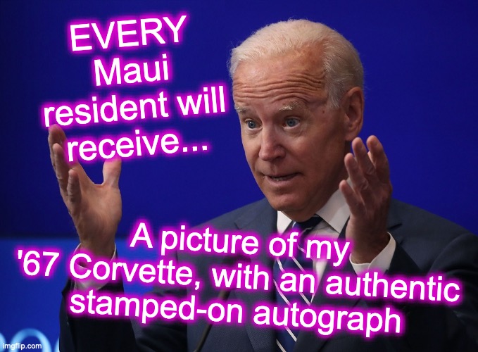 [warning: collectible satire] | EVERY Maui resident will receive... A picture of my
 '67 Corvette, with an authentic 
stamped-on autograph | image tagged in joe biden - hands up,compassion | made w/ Imgflip meme maker