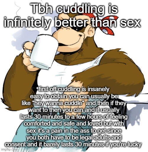 literally me | Tbh cuddling is infinitely better than sex; first off cuddling is insanely easy to obtain you can usually be like "hey wanna cuddle" and then if they want to then you can and it usually lasts 30 minutes to a few hours of feeling comforted and safe and loved but with sex it's a pain in the ass to get since you both have to be legal adults and consent and it barely lasts 30 minutes if you're lucky | image tagged in literally me | made w/ Imgflip meme maker