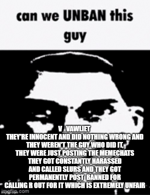 can we unban this guy | V_VAWLIET 
THEY'RE INNOCENT AND DID NOTHING WRONG AND THEY WEREN'T THE GUY WHO DID IT, THEY WERE JUST POSTING THE MEMECHATS
THEY GOT CONSTANTLY HARASSED AND CALLED SLURS AND THEY GOT PERMANENTLY POST  BANNED FOR CALLING R OUT FOR IT WHICH IS EXTREMELY UNFAIR | image tagged in can we unban this guy | made w/ Imgflip meme maker