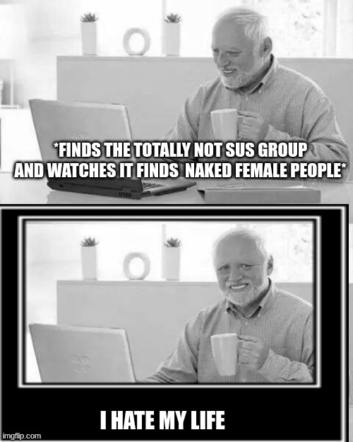 for this group | *FINDS THE TOTALLY NOT SUS GROUP AND WATCHES IT FINDS  NAKED FEMALE PEOPLE*; I HATE MY LIFE | image tagged in memes,hide the pain harold | made w/ Imgflip meme maker