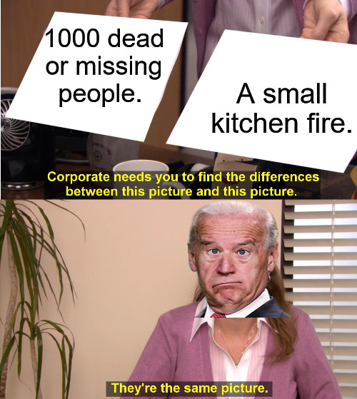 Not Really the Same at All | 1000 dead or missing people. A small kitchen fire. | image tagged in company needs you to find differenceces | made w/ Imgflip meme maker