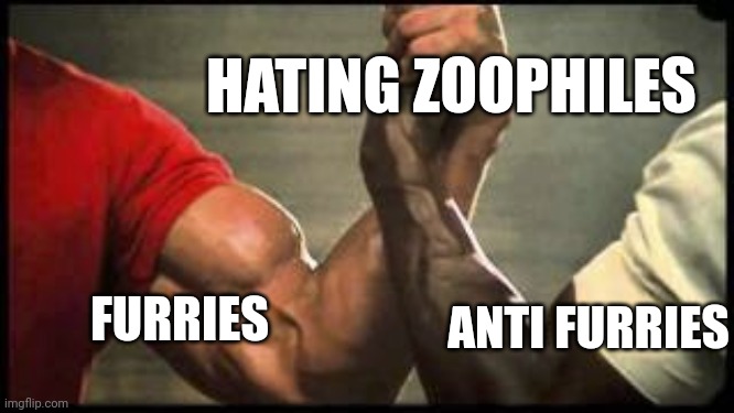 https://imgflip.com/m/Co-opToEndZoophiles | HATING ZOOPHILES; ANTI FURRIES; FURRIES | image tagged in unlikely alliance | made w/ Imgflip meme maker