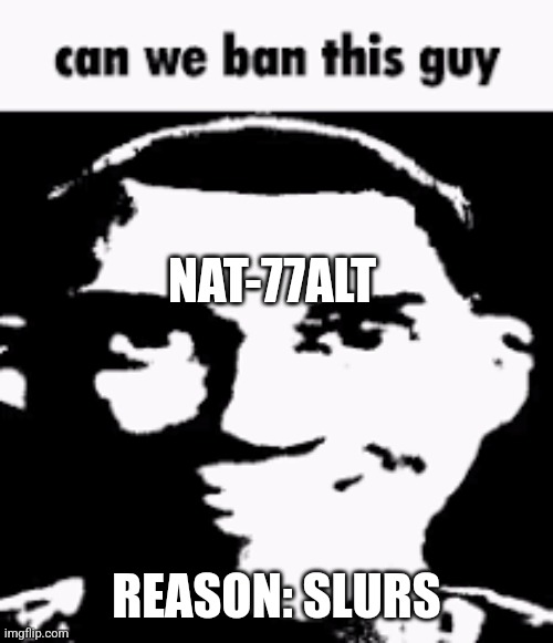 Can we ban this guy | NAT-77ALT; REASON: SLURS | image tagged in can we ban this guy | made w/ Imgflip meme maker