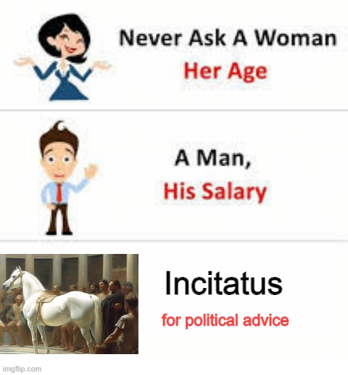 A Horse was a Consul in Rome | Incitatus; for political advice | image tagged in never ask a woman her age | made w/ Imgflip meme maker