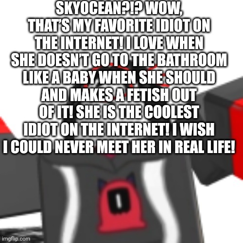 SKYOCEAN?!? WOW, THAT’S MY FAVORITE IDIOT ON THE INTERNET! I LOVE WHEN SHE DOESN’T GO TO THE BATHROOM LIKE A BABY WHEN SHE SHOULD AND MAKES A FETISH OUT OF IT! SHE IS THE COOLEST IDIOT ON THE INTERNET! I WISH I COULD NEVER MEET HER IN REAL LIFE! | made w/ Imgflip meme maker