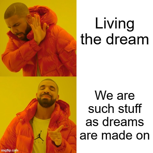 How are we doing? | Living the dream; We are such stuff as dreams are made on | image tagged in memes,drake hotline bling,shakespeare | made w/ Imgflip meme maker