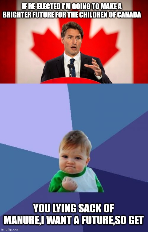 IF RE-ELECTED I'M GOING TO MAKE A BRIGHTER FUTURE FOR THE CHILDREN OF CANADA; YOU LYING SACK OF MANURE,I WANT A FUTURE,SO GET | image tagged in justin trudeau,memes,success kid | made w/ Imgflip meme maker