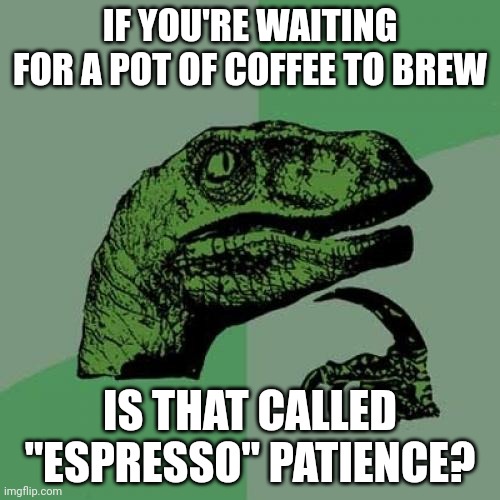 AI Philosoraptor | IF YOU'RE WAITING FOR A POT OF COFFEE TO BREW; IS THAT CALLED "ESPRESSO" PATIENCE? | image tagged in memes,philosoraptor | made w/ Imgflip meme maker
