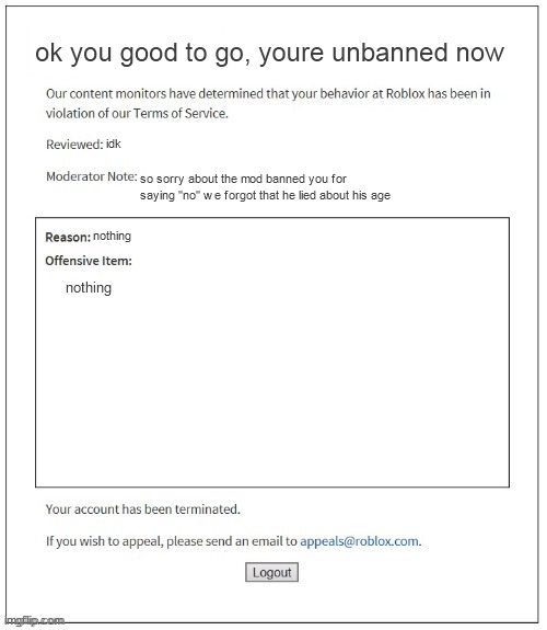 Moderation System | ok you good to go, youre unbanned now so sorry about the mod banned you for saying "no" we forgot that he lied about his age idk nothing not | image tagged in moderation system | made w/ Imgflip meme maker