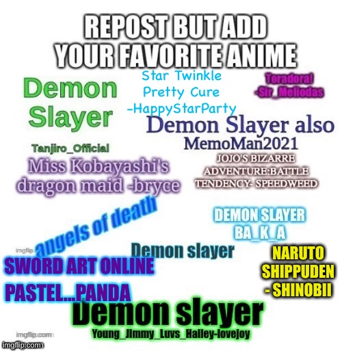 This, Spy x Family, and Kaguya Sama Love is War are my favorites (by the way Demon Slayer is overrated haha) | Star Twinkle Pretty Cure -HappyStarParty | made w/ Imgflip meme maker