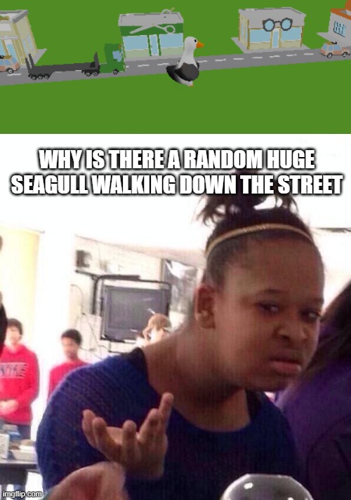 Found in ROBLOX Tiny Town Tycoon | WHY IS THERE A RANDOM HUGE SEAGULL WALKING DOWN THE STREET | image tagged in memes,black girl wat | made w/ Imgflip meme maker