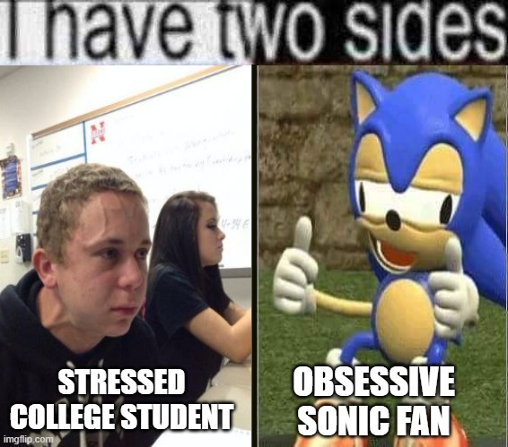 i have two sides blank | STRESSED COLLEGE STUDENT OBSESSIVE SONIC FAN | image tagged in i have two sides blank | made w/ Imgflip meme maker