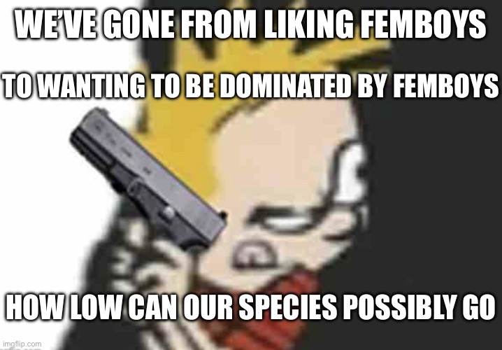 Calvin gun | WE’VE GONE FROM LIKING FEMBOYS; TO WANTING TO BE DOMINATED BY FEMBOYS; HOW LOW CAN OUR SPECIES POSSIBLY GO | image tagged in calvin gun | made w/ Imgflip meme maker