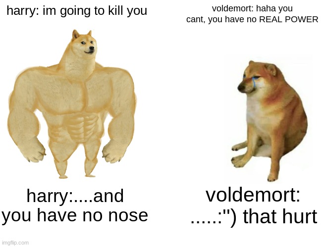 Buff Doge vs. Cheems | harry: im going to kill you; voldemort: haha you cant, you have no REAL POWER; harry:....and you have no nose; voldemort: .....:'') that hurt | image tagged in memes,buff doge vs cheems | made w/ Imgflip meme maker