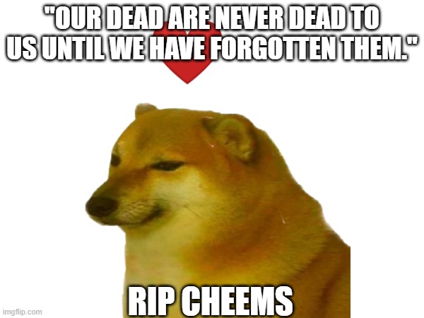 Pay respects in the comments. | "OUR DEAD ARE NEVER DEAD TO US UNTIL WE HAVE FORGOTTEN THEM."; RIP CHEEMS | image tagged in cheems,cheems death,sad | made w/ Imgflip meme maker