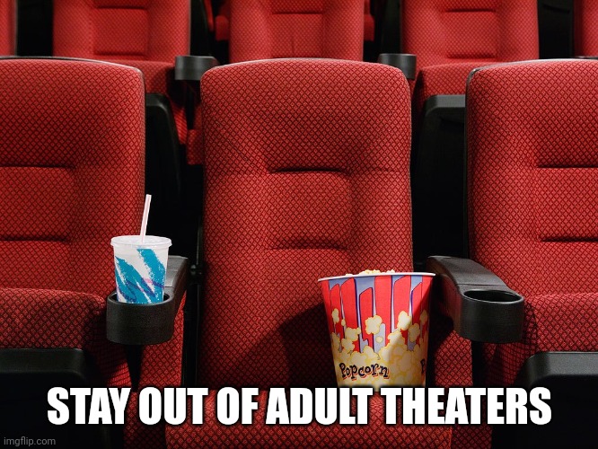 Movie theater seat | STAY OUT OF ADULT THEATERS | image tagged in movie theater seat | made w/ Imgflip meme maker