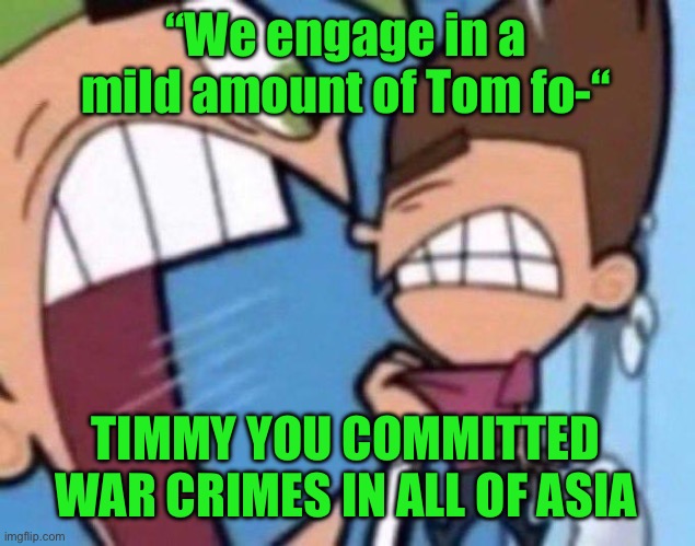 Cosmo yelling at timmy | “We engage in a mild amount of Tom fo-“; TIMMY YOU COMMITTED WAR CRIMES IN ALL OF ASIA | image tagged in cosmo yelling at timmy | made w/ Imgflip meme maker