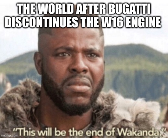 Sadness for all | THE WORLD AFTER BUGATTI DISCONTINUES THE W16 ENGINE | image tagged in this will be the end of wakanda | made w/ Imgflip meme maker