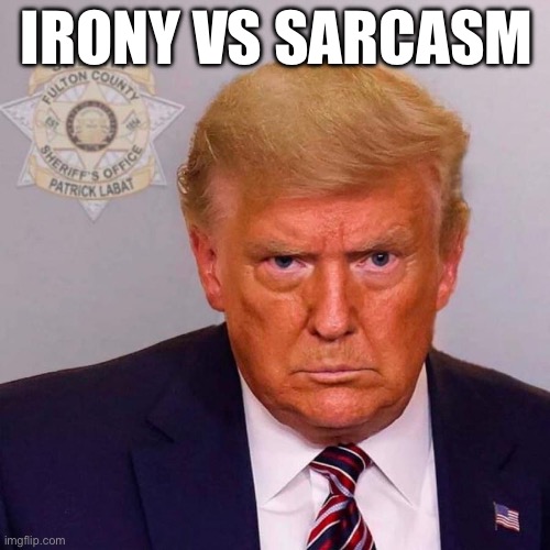 Fulton County vs. Donald Trump | IRONY VS SARCASM | image tagged in donald trump,felon,lock him up,irony,racketeering,mugshot | made w/ Imgflip meme maker