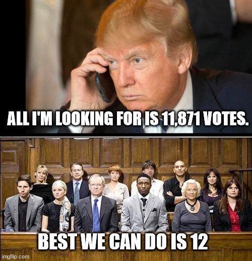 Best votes ever! | ALL I'M LOOKING FOR IS 11,871 VOTES. BEST WE CAN DO IS 12 | image tagged in trump phone,jury | made w/ Imgflip meme maker
