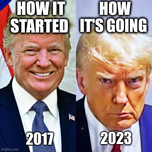Trump Mugshot | HOW IT STARTED; HOW IT'S GOING; 2023; 2017 | image tagged in donald trump,jail,mugshot,criminal,karma,politics | made w/ Imgflip meme maker
