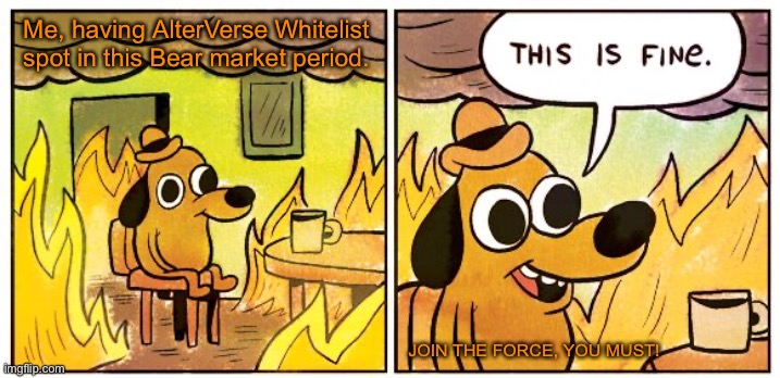 This Is Fine | Me, having AlterVerse Whitelist spot in this Bear market period. JOIN THE FORCE, YOU MUST! | image tagged in memes,this is fine | made w/ Imgflip meme maker