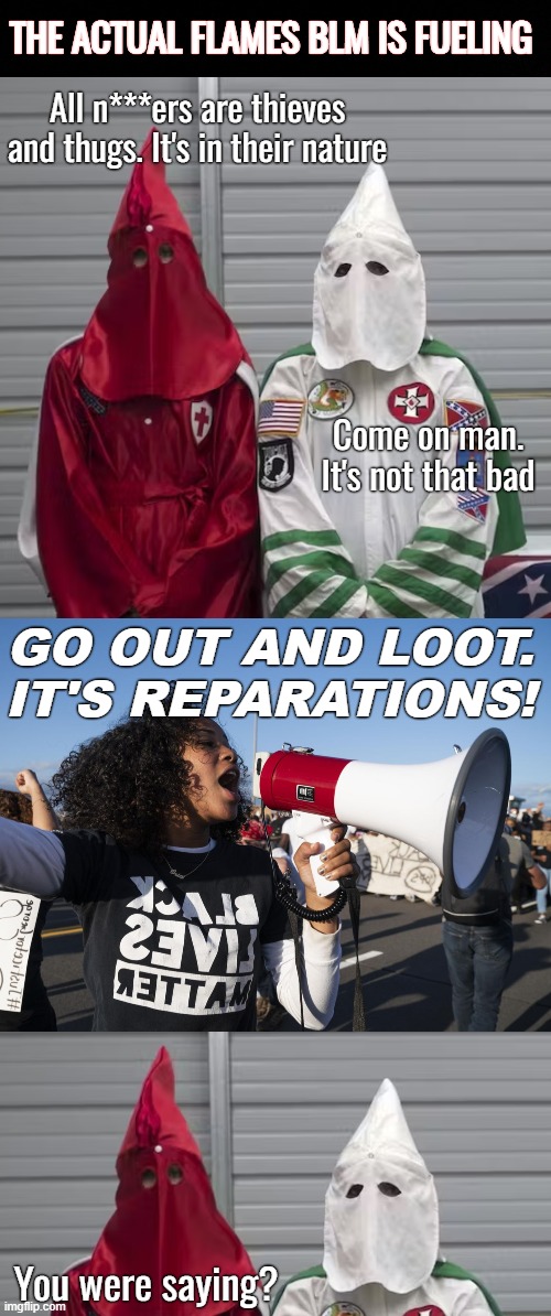 Red guy is like an Eric Cartman character. But who's BLM feeding? Not black ppl | THE ACTUAL FLAMES BLM IS FUELING; All n***ers are thieves and thugs. It's in their nature; Come on man. It's not that bad; GO OUT AND LOOT. IT'S REPARATIONS! You were saying? | image tagged in blm,funny,dark humor,racism | made w/ Imgflip meme maker