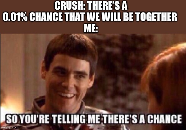 No idea what should go in this box | CRUSH: THERE’S A 0.01% CHANCE THAT WE WILL BE TOGETHER 
ME: | image tagged in memes | made w/ Imgflip meme maker