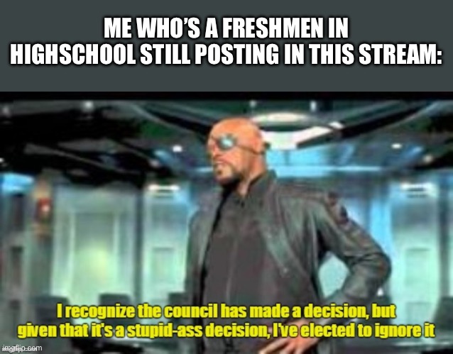 You’re stuck with me >:D | ME WHO’S A FRESHMEN IN HIGHSCHOOL STILL POSTING IN THIS STREAM: | image tagged in elected to ignore it | made w/ Imgflip meme maker