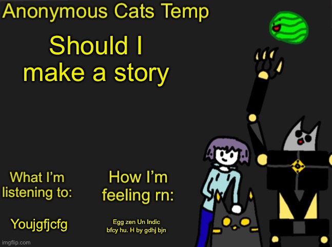 Disclaimer: it’ll be bad | Should I make a story; Egg zen Un Indic bfcy hu. H by gdhj bjn; Youjgfjcfg | image tagged in anonymous cats newest temp | made w/ Imgflip meme maker