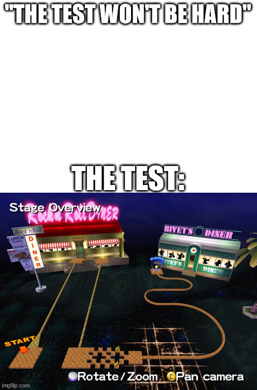 Those who played this game know what I mean. | "THE TEST WON'T BE HARD"; THE TEST: | image tagged in test,school,hard,video games | made w/ Imgflip meme maker