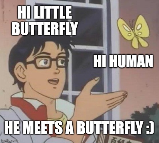 Is This A Pigeon Meme | HI LITTLE BUTTERFLY; HI HUMAN; HE MEETS A BUTTERFLY :) | image tagged in memes,is this a pigeon | made w/ Imgflip meme maker