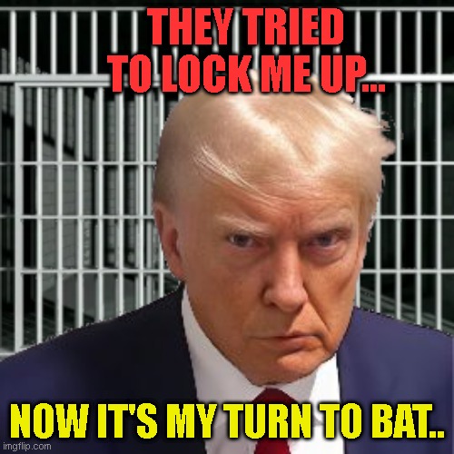 Batter up! | THEY TRIED TO LOCK ME UP... NOW IT'S MY TURN TO BAT.. | image tagged in donald trump,mugshot | made w/ Imgflip meme maker