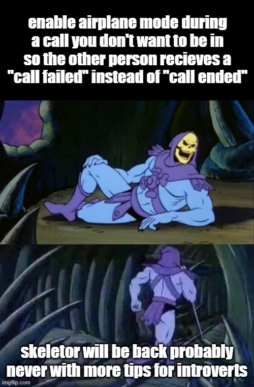 you're welcome bois | enable airplane mode during a call you don't want to be in so the other person recieves a "call failed" instead of "call ended"; skeletor will be back probably never with more tips for introverts | image tagged in skeletor disturbing facts | made w/ Imgflip meme maker