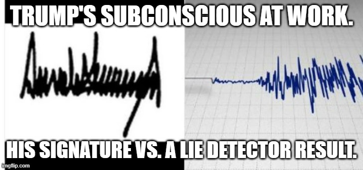 meme by Brad trumps signature vs lie detector | TRUMP'S SUBCONSCIOUS AT WORK. HIS SIGNATURE VS. A LIE DETECTOR RESULT. | image tagged in comparison | made w/ Imgflip meme maker