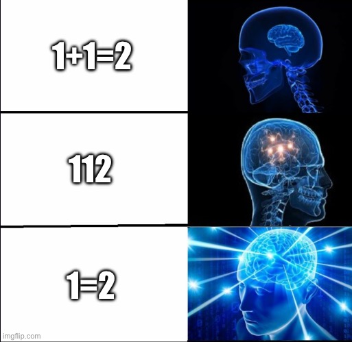 1=2 | 1+1=2; 112; 1=2 | image tagged in galaxy brain 3 brains | made w/ Imgflip meme maker