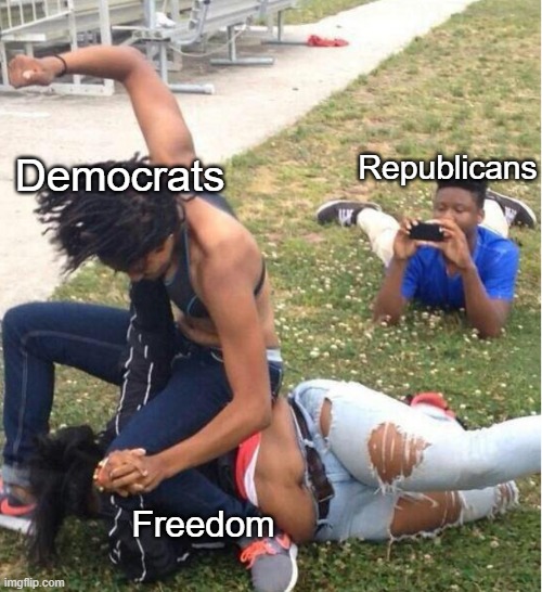 Freedom is Dead | Democrats; Republicans; Freedom | image tagged in guy recording a fight,freedom,trump,biden,liberals | made w/ Imgflip meme maker