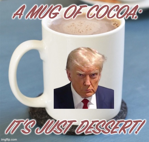 (I couldn't resist) | A MUG OF COCOA:; IT'S JUST DESSERT! | image tagged in coffee mug,mug shot,justice,trump,criminal | made w/ Imgflip meme maker