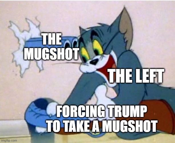 Trump Mugshot | THE MUGSHOT; THE LEFT; FORCING TRUMP TO TAKE A MUGSHOT | image tagged in tom and jerry | made w/ Imgflip meme maker