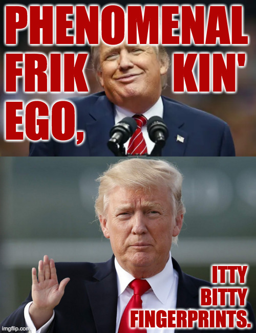 Anatomically incorrect. | PHENOMENAL
FRIK          KIN'
EGO, ITTY 
BITTY 
FINGERPRINTS. | image tagged in memes,trump,small hands | made w/ Imgflip meme maker
