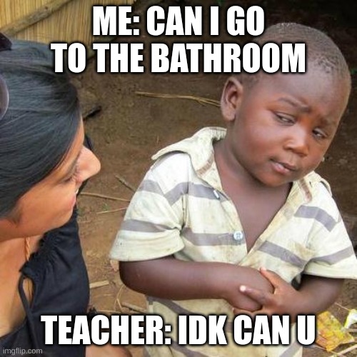 ah | ME: CAN I GO TO THE BATHROOM; TEACHER: IDK CAN U | image tagged in memes,third world skeptical kid | made w/ Imgflip meme maker